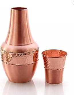 Pure Copper Water Carafe with Tumbler – 1.4L (47.3 oz) Bedside Copper Flask for Drinking Water, Ayurveda Health Benefits