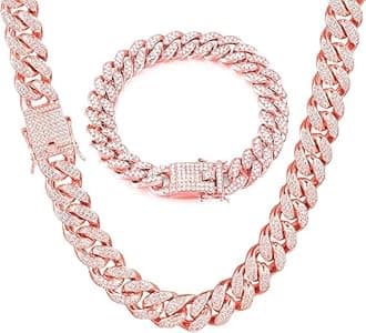 Cuban Link Chain for Men,Silver Necklace and Bracelet,Miami Cuban Chains,Bling Diamond Chain for Hip Hop Jewelry