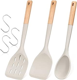 Pack of 3 Silicone Spatula, Non Stick Cooking Utensil Set Wooden Handle Kitchen Turner for Baking Mixing Grilling Serving Food Heat Resistant Non Scratch Hooks Included,Khaki