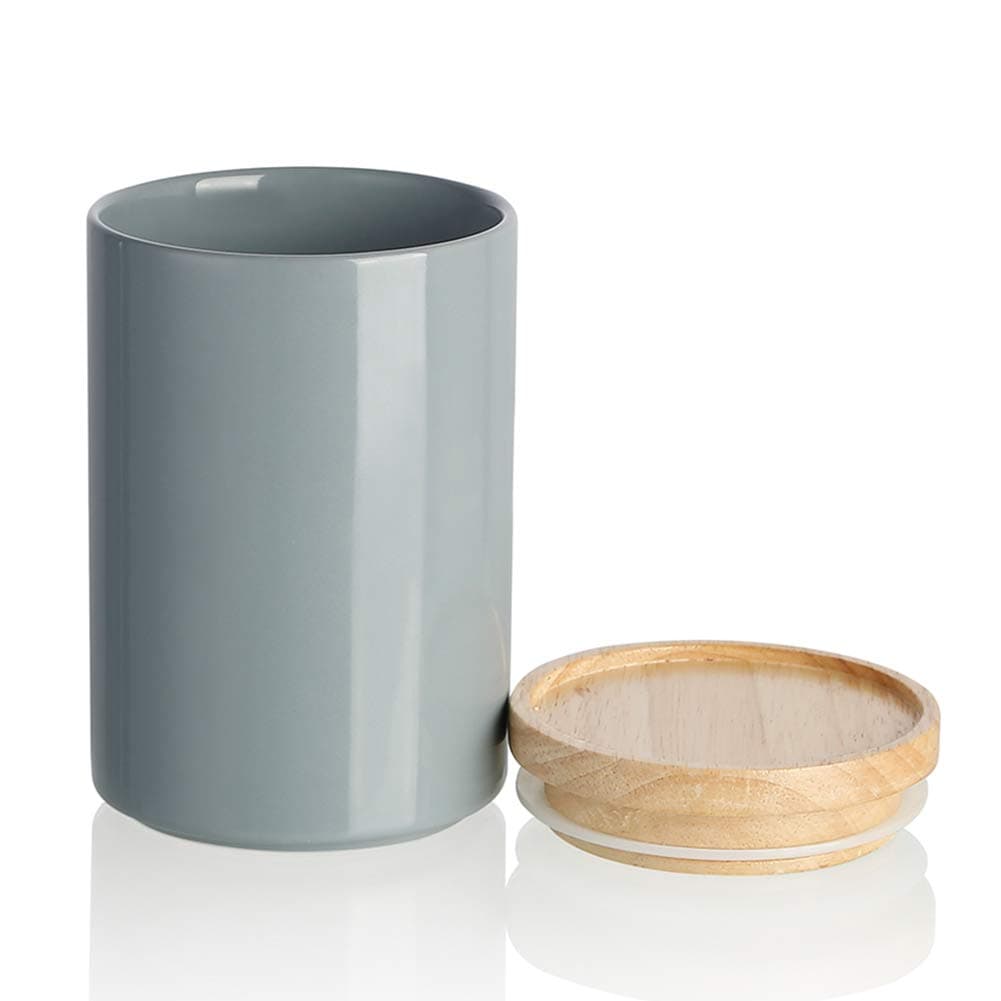 Kitchen Canisters Ceramic Food Storage Jar, Stackable Containers with Airtight Seal Wooden Lid for Serving Ground Coffee, Tea, Sugar, Salt and More - 28 Fl Oz (Gray)