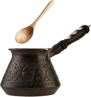 DEMMEX Thickest Copper Turkish Greek Arabic Coffee Pot, Stovetop Coffee Maker, Cezve Ibrik Briki with Wooden Handle & Spoon, Hand Engraved (Antique Copper, 9 Ounces)