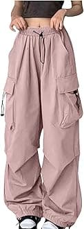 Generic Cargo Pants Women High Waisted Baggy Fashion Streetwear Y2k Drawstring Trousers Outdoor Workout Wide Leg Hiking Pants Pink, Small