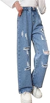 NABER Kids Girls Elastic Waist Cool Ripped Jeans Washed Denim Wide Leg Ripped Denim Jean Age 5-15 Years