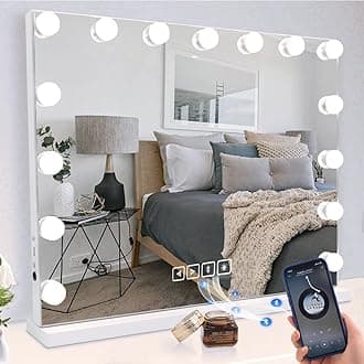 MISAVANITY Bluetooth Hollywood Mirror with Lights, Lighted Makeup Mirror with 10X Magnification and 15 Dimmable Bulbs for Tabletop Sturdy Stand