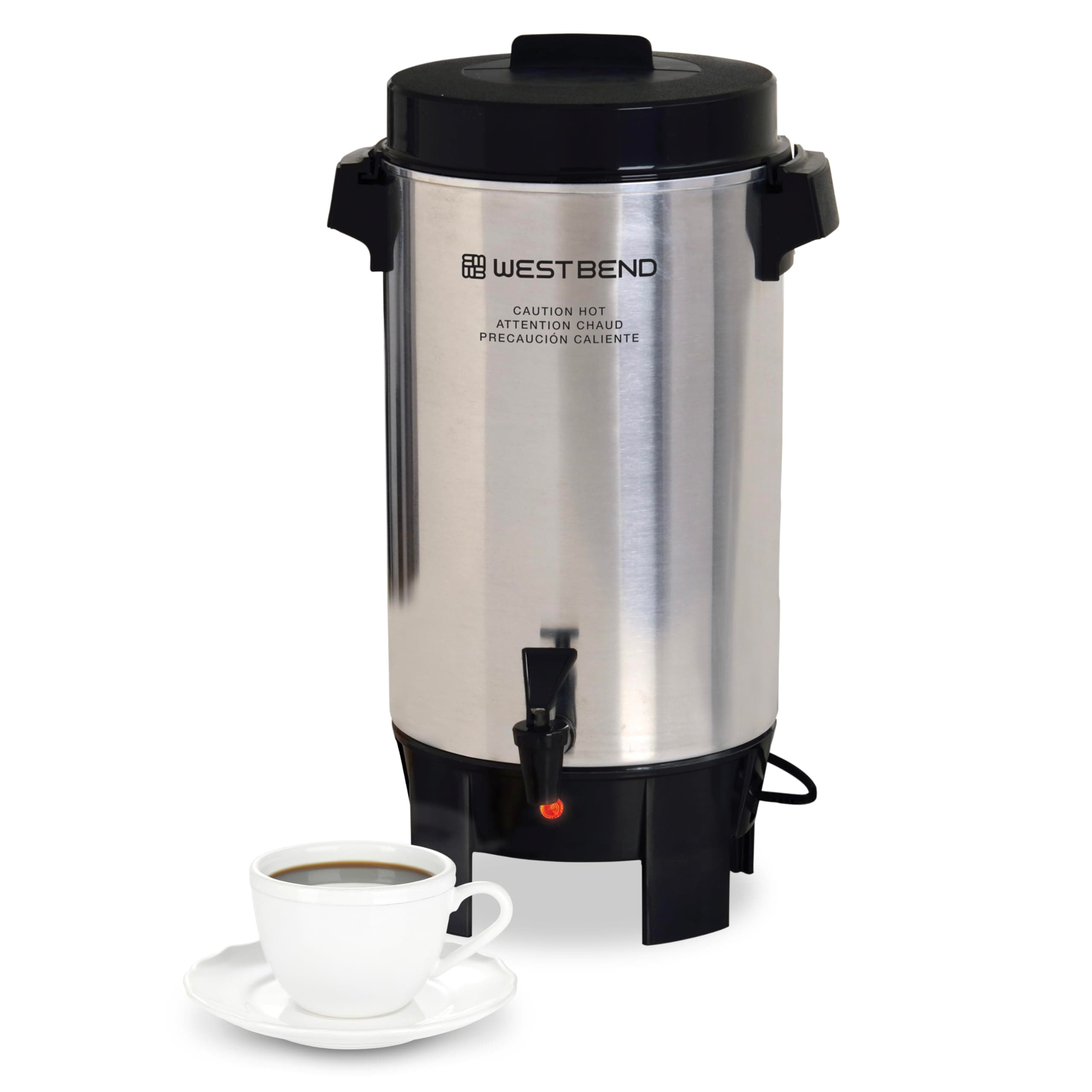 West Bend Coffee Urn Highly-Polished Aluminum Features Automatic Temperature Control with Cup Per Minute Brewing and Easy Clean Up Includes In-Basket Measuring Guide and Ready Light, 42-Cup, Silver