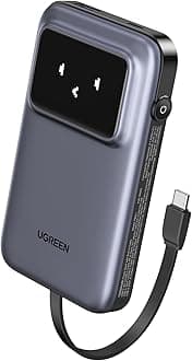 UGREEN Uno Power Bank with Built-in USB-C Cable 10,000mAh Portable Charger PD 30W Fast Charging Battery Pack with TFT Display for iPhone 16 Series/Galaxy S24/LG/Pixel/iPad/Airpods and More