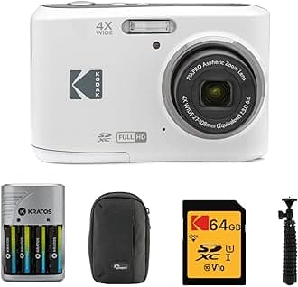 KODAKPIXPRO FZ45 Friendly Zoom Digital Camera (White) Bundle with 64 GB UHS-I U1 SDXC Memory Card, Rapid Travel Charger with 4 AA Rechargeable Batteries, Spider Tripod, and Camera Case (5 Items)