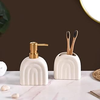 Nestasia Ceramic Bath Set of 2 - Liquid Soap Pump Dispenser & Toothbrush Holder for Bathroom & Wash Basin - Matte White Bathroom Accessories