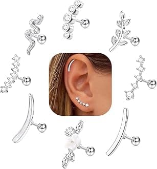 FIBO STEEL 8 PCS 16G Cartilage Earrings Helix Piercing Jewelry for Women Stainless Steel Opal CZ Conch Daith Tragus Piercing Jewelry Flower Snake Leaf Screw Back Stud Earrings Set