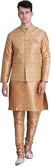Uri and MacKenzie Men's Silk Blend Regular Kurta Churidar Pyjama with Bundi Nehru Jacket/Waistcoat