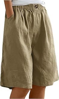 Long Shorts for Women Knee Length Linen Bermuda Shorts Baggy Casual High Waist Drawstring Wide Leg Beach Resort Pants