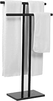 Free Standing Towel Rack for Bathroom - Matte Black Finish - Stand Alone 2 Tier Stainless Steel Towel Rack for Bathroom Floor with Heavy Marble Base - Double T Shape Drying Stand for Towels
