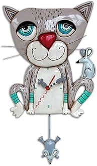 Allen Designs Mouser the Cat Gray Kitty Meow Pendulum Battery Wall Clock