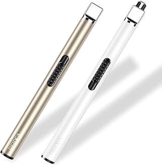 Electronic Candle Lighter - USB Rechargeable with Security Lock, Windproof, Non-Slip Switch for Candle, Grill, Camping (Champagne Gold + White)