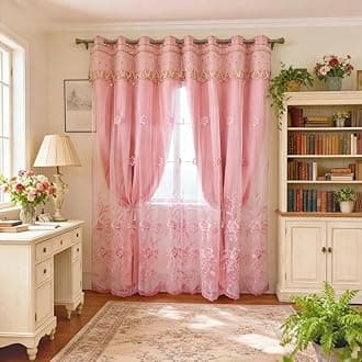 Amidoudou 1 Pair European Double Layer Curtains for Living Room Bedroom Luxury Flower Embroidered Curtains with Valance (Pink,52x102 Inch)