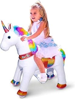 Wonderides Ride On Unicorn Plush Horse Toy For Girls Walking Animal Giddy Up Pony Cycle Medium Size 4 For Age 4-9 (36 Inch Height), Mechanical Riding Horse With Wheels - Multicolor