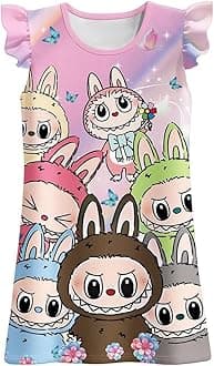 Girls Cute Cartoon Gown Dress Flutter Sleeves Kids Round Neck Party Wear Oufits