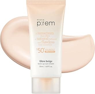 Make Prem Makeup Prime, Glow Beige, Tone Up, UV Cream, 1.7 fl oz (50 ml), SPF 50+, PA++++, Sunscreen, Base, Korean Cosmetics, Glossy Skin, Clear Complexion, Moisturizing, Tone Correction, For