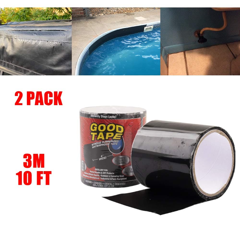 Rubberized Waterproof Tape 2 Pack Waterproof Patch and Seal Tape, Black, 4" x 5 Foot, Water Barrier Tape for Stop Leak Repair on Pipes, Chimney, Roof, Boat, and HVAC