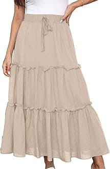 Midi Skirts for Women UK Elasticated Waist - Midi Skirts for Women UK A Line - Knee Length Skirt Tiered Maxi Skirt Cotton Ladies SummerSkirts Long Summer Solid Colorskirt Vacation Outfits