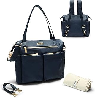 miss fongLeather Diaper Tote Backpack - Large Diaper Bag with 11 Organizers, Changing Pad, Stroller Straps, 4 Insulated Pockets