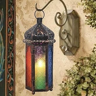 DECORKEY Ramadan Decorations, Candle Lanterns Decorative Indoor & Outdoor, 14.4'' Vintage Moroccan Hanging Lantern with 6 Colors Glass, Metal Candle Holder for Home Front Porch Patio Decor
