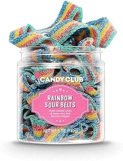 Candy Club Gourmet Gummy Rainbow Sour Belts, Vegan, Sweet and Chewy Fruit Strips for Gifts, Parties, Snacks, Candy Buffets, etc. - 5oz Jar