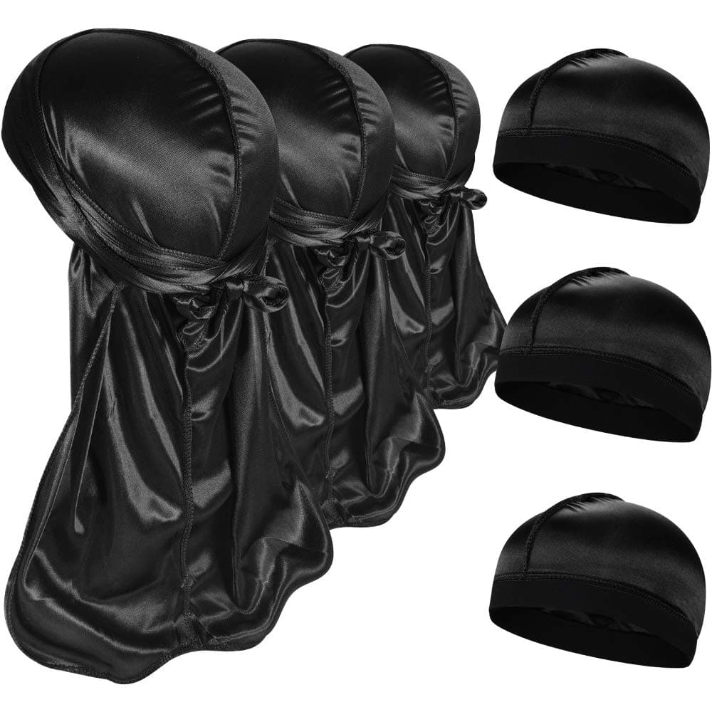 3+3 Silky Durag & Wave Cap Sets, Silk Durags for Men Women Waves, Satin Do Rags for Men Compression Cap, Du rag Doo Rags for Men Pack, E