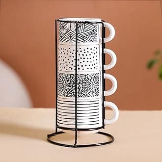 Nestasia Stackable Ceramic Cups Set of 4 (100 ml) | Microwave & Dishwasher Safe Tea & Coffee Mugs with Glossy Finish | Ideal for Gifting (Printed White with Stand)