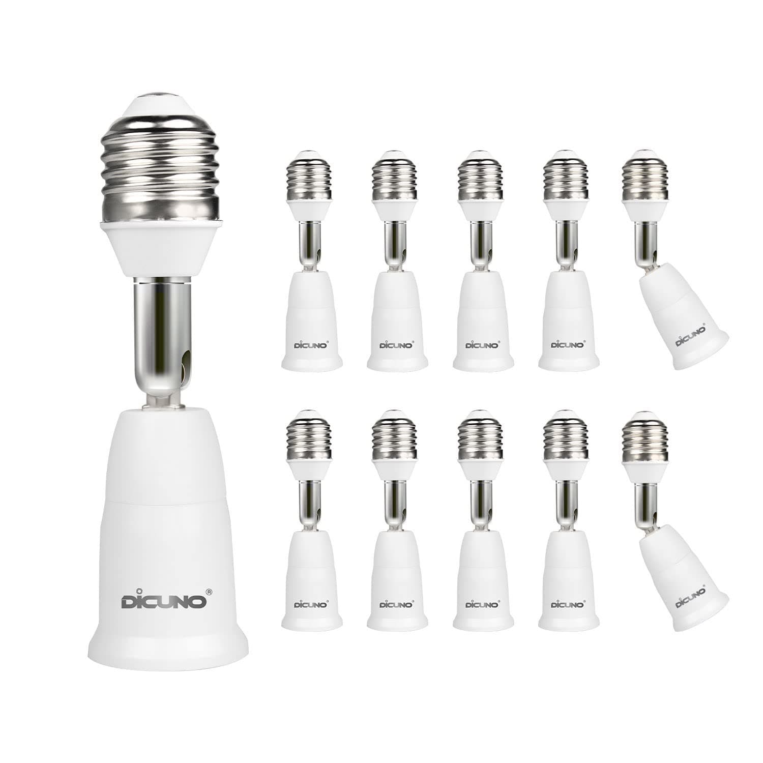 DiCUNO E26 to E26 Socket Extender (9.5CM/3.74IN Extension), Standard Screw Base, 165℃ Heat-Resistant, Maximum Wattage 200W, Socket Base Extension Adapter, 180 Degree Bendable, 10-Pack