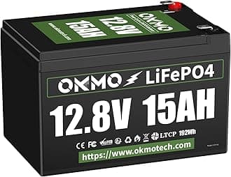 OKMO 12V 15Ah LiFePO4 Lithium Battery 12.8V, 15000+ Deep Cycles rechargeable for Lighting, Kayak Fish Finder, Radio, Backup Power and More
