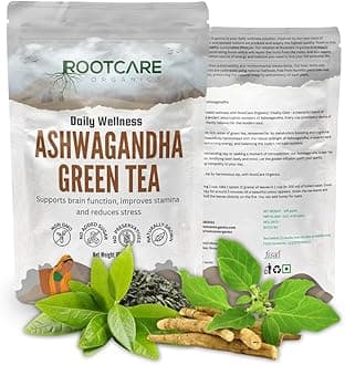 Rootcare Organics Ashwagandha Green Tea | Herbal Blend with Green Tea & Ashwagandha | Boosts Brain Function & Stamina | Natural Stress Relief | 100% Organic | 100g Pack