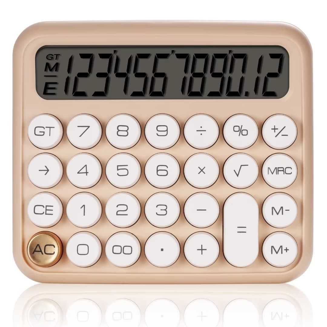 Mechanical Switch Calculator, Desktop Calculator 12 Digit Large LCD Display Big Button Calculator for Christmas Apricot Clear Standard for Daily and Basic Office,Automatic Sleep,with Battery