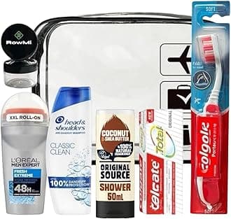 Men's travel toiletries kit, essential toiletry including clear travel bag, shampoo, roll on XXL deodorant, shower gel, toothpaste, portable travel toothbrush with case & 2 small empty pots