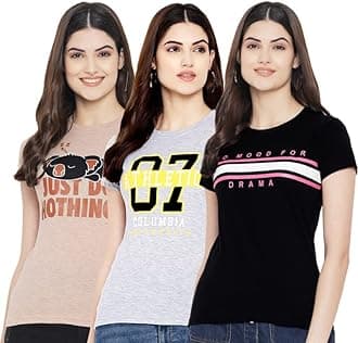 Women's Cotton Regular Fit Latest Graphic Stylish Printed Short Sleeves Casual T-Shirt || Trend & Styles (Pack 3), Brown & Grey & Black, XL