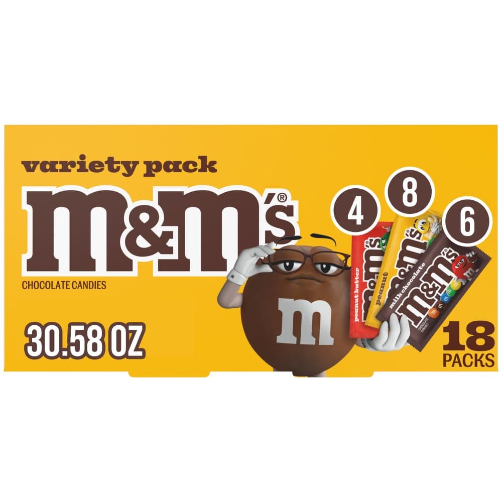 M&M'S Milk Chocolate Candy, Variety Pack, Full Size, Pack of 18 Bulk Candy Chocolate