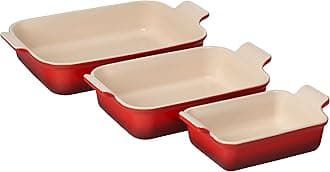 Le Creuset Stoneware Heritage 3-Piece Rectangular Bakeware Set – 0.72L, 1.4L & 3.2L – Cerise – Oven, Microwave, Freezer & Dishwasher Safe