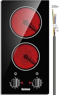 Karinear 2 Burner Electric Cooktop 12 Inch Built-in Electric Stove Top, 220v- 240v Radiant Cooktop with Residual Heat Indicator, Knob Control, Over-Temperature Protection, Hard Wire(No Plug)