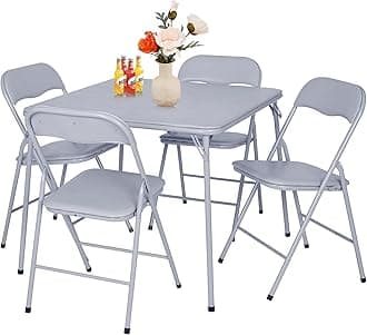 FurnitureR5-Piece Folding Table and Chair Set – Portable Square Table with 4 Padded Chairs, Space-Saving Dining or Card Game Set for Home, Indoor and Outdoor, No Assembly Required, Grey