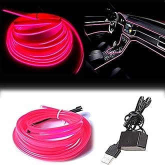 El Wire Pink Interior Car LED Strip Lights, 5M Neon Wire USB 5V with Fuse Protection for Automotive Interior Decoration, with 6mm Sewing Edge