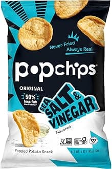 Popchips Potato Chips, Sea Salt & Vinegar, 4ct 5.0oz Share Bags, Low-Calorie, Gluten Free, Salty Snacks for Adults and Children, Non-GMO, Vegan & Kosher Friendly, 130 Calories Per Serving