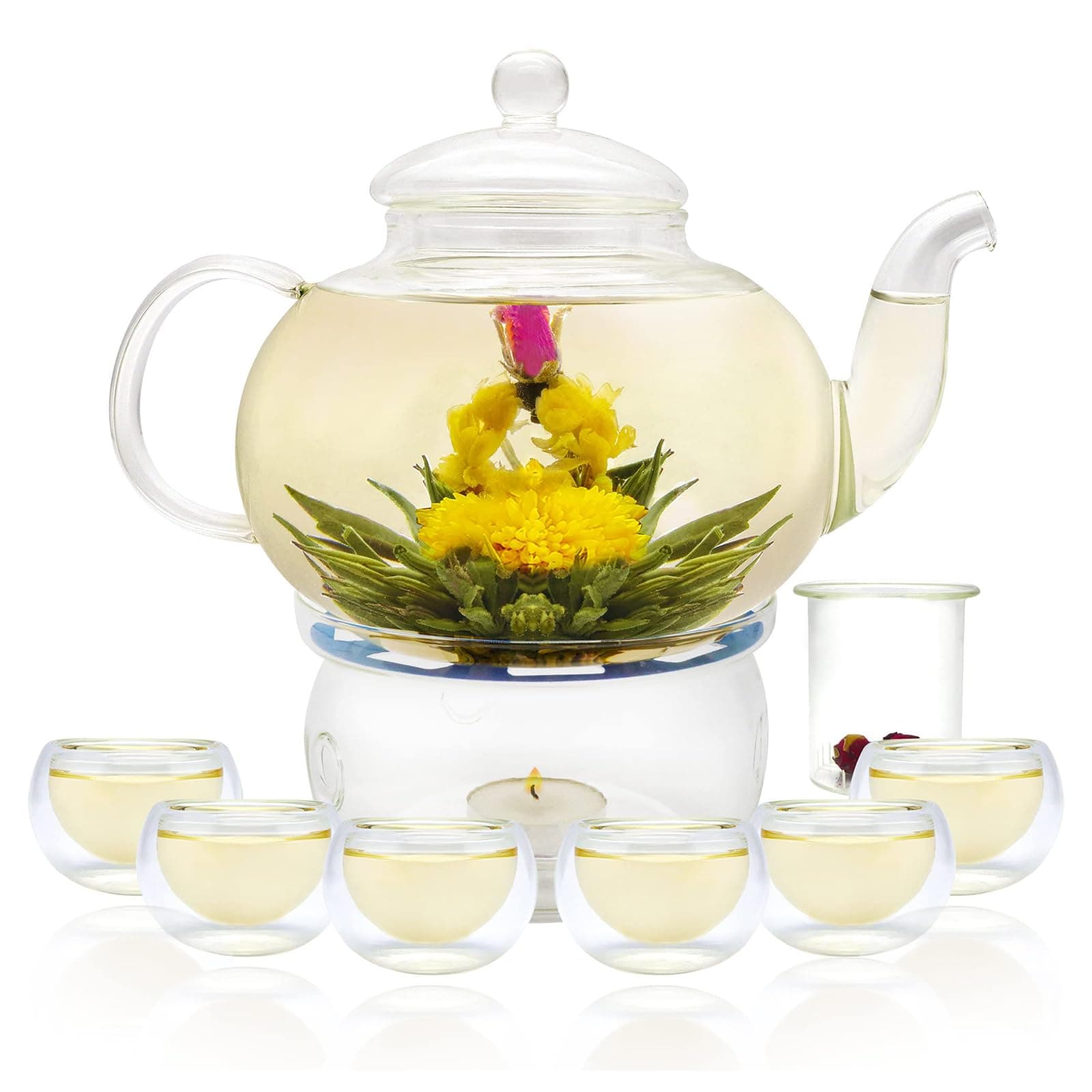 Glass Teapot Set, 27OZ/800ML Stovetop Safe Glass Tea Kettle with 6 Small Double Wall Tea Cups & Loose Tea Infuser & Tea Warmer, Microwave & Dishwasher Safe Tea Maker, Blooming Tea Gift Set