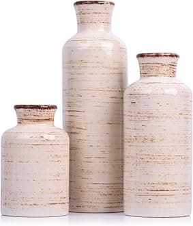 Ceramic Vase Set - 3 Ceramic Small Vases, Farmhouse Country Flower Vase Home Decor, Living Room Decoration, Table Decoration, Fireplace Decor, and Entrance Decorations Centerpieces