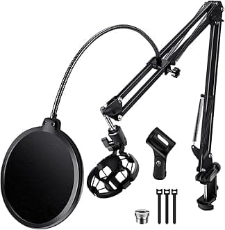 BILIONE Microphone Stand, Mic Boom Arm Stand for Blue Yeti QuadCast S SoloCast Snowball AM8 and other Mics, with Pop Filter Shock Mount Microphone Clip Cable Ties