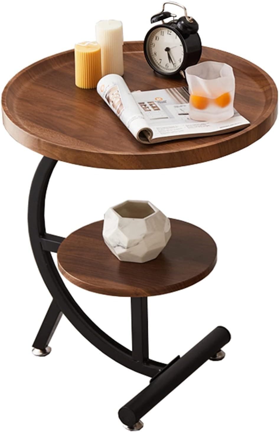 RELEMTRA C Shaped End Table, 2-Tier Round Corner Side Table, Wooden Sofa Coffee Table for Living Room Balcony, for Small Space, Living Room, Bedroom, Modern Furniture, 2-Tier Storage Shelf