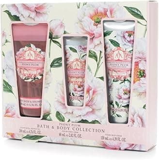 Aromas Artesanales de Antigua Bath & Body Collection Peony Plum Set with Body Wash 200ml, Hand Cream 60ml, & Body Cream 130ml