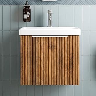 Fluted 500mm Bathroom Vanity Unit White Ceramic Basin Sink, Cloakroom Storage Furniture Cabinet Wall Hung Cupboard Soft Close, Chrome Handle, Walnut