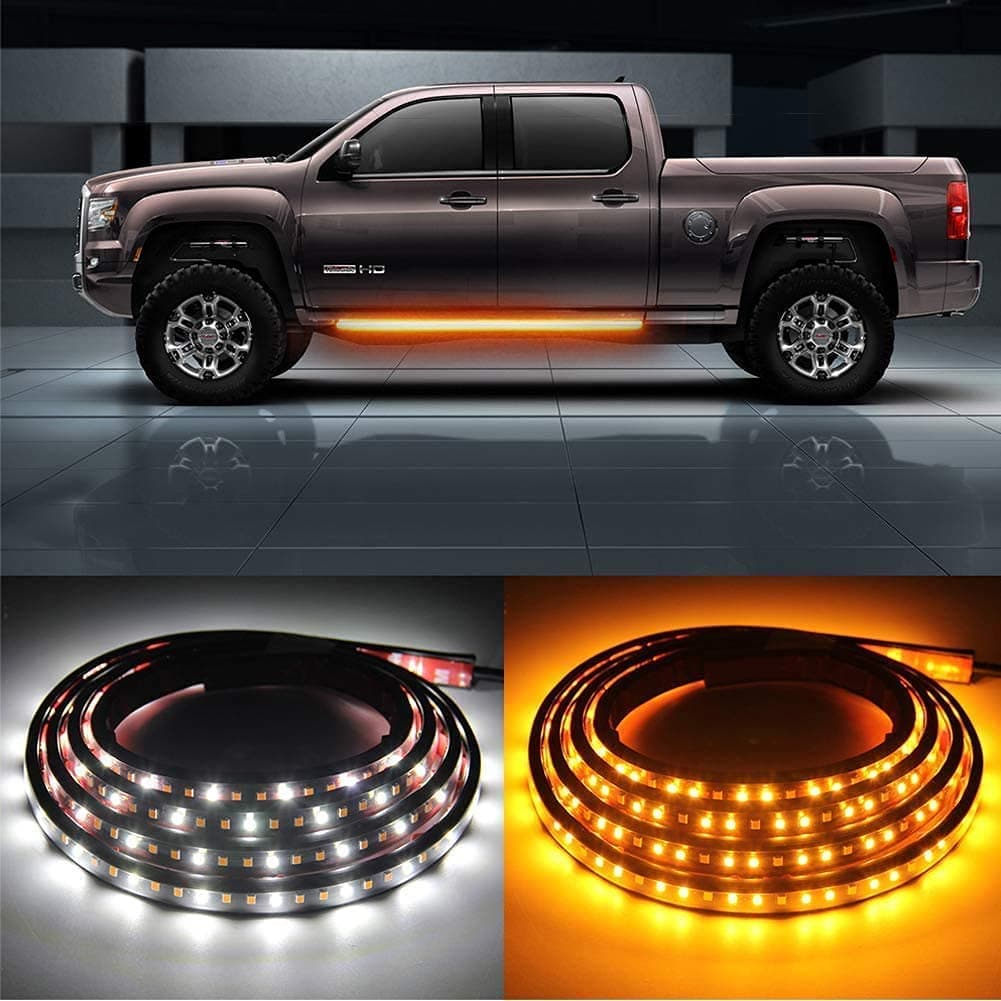 2PCs Truck LED Running Board Lights Sequential Amber Led Side Marker Light 70 Inch Emergency Extended Crew Cab 216 LEDs Waterproof Flexible Turn Signal Light Bar for Pickup Trucks Car SUV (70in)