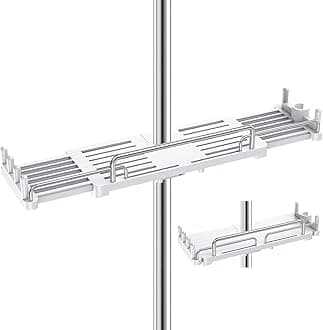 Shower Shelf Hanging, Shower Caddy No Drill Shower Rail Shelf Shower Holders Double Storage for Soap Shampoo Suit 18mm-25mm Shower Rail Length Adjustable (28-44cm), White (TY-K01)