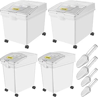 Ingredient Bin, 10.5 Gallon and 6.6 Gallon Capacity Ingredient Storage Bin, PP Material Flour Bins On Wheels, White Shelf Ingredient Bin with Scoop, Commercial